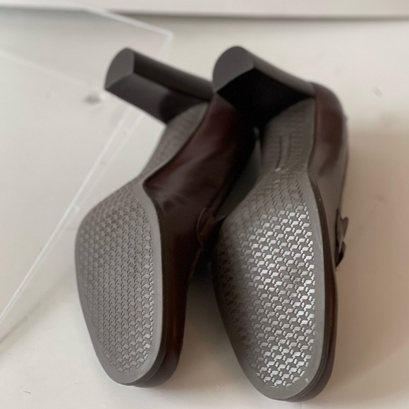 Etienne Aigner Brown Leather Platform Pumps Heels Chunky Block Heels E-Tartan, 8 - Picture 10 of 11